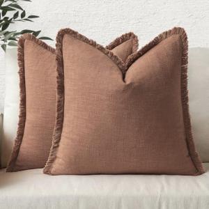 MIULEE Decorative Throw Pillow Covers Neutral Linen Fringe Throw Pillows Set of 2 Brick Boho Farmhouse Cushion Covers with Tassels for Couch Sofa Bed Living Room Spring Home Decor 18x18 Inch