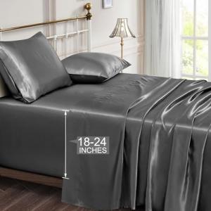 Vonty Satin Sheets Extra Deep Pocket Full Sheet Sets - Cooling & Silky Satin Full Size Sheets with 18-24 Inch Deep Pocket, Grey Bed Sheets Fit Up to 24" Deep Mattress - 4 Piece