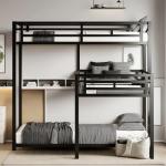 PVWIIK Triple Bunk Bed with Built-in Ladder and Full-Length Guardrails for 3 Kids,Metal L-Shaped Bunk Bed,Space Saving Design, No Box Spring Needed, Black