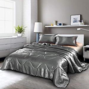 Holawakaka Luxurious Solid Satin Silk Like Comforter Set Ultra Soft Silky Quilt Breathable Bedding Bed-in-A-Bag Queen Size (Grey)