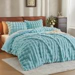 JELLYMONI Plush Duvet Cover Set - Queen Size Light Blue Fur Comforter Cover 3pcs Bedding Set Luxury Ultra Soft Striped Fluffy Duvet Cover with Zipper and 2 Pillowcases (NO Comforter)
