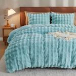 JELLYMONI Plush Duvet Cover Set - Queen Size Light Blue Fur Comforter Cover 3pcs Bedding Set Luxury Ultra Soft Striped Fluffy Duvet Cover with Zipper and 2 Pillowcases (NO Comforter)