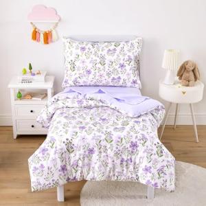 Wake In Cloud - Floral Toddler Bedding Set for Girls, Cute Colorful Botanical Flowers, 4 Pieces Soft Crib Bed Set Including Comforter, Sheets and Pillowcase, Purple White