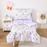 Wake In Cloud - Floral Toddler Bedding Set for Girls, Cute Colorful Botanical Flowers, 4 Pieces Soft Crib Bed Set Including Comforter, Sheets and Pillowcase, Purple White