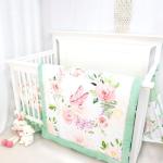CARUILI 4-Piece Crib Bedding Set, Baby Girl Crib Bedding Set Butterflies Floral Nursery Bedding Set Includes Comforter, Fitted Crib Sheet, Crib Skirt, and Diaper Stacker, Green & Pink