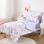 Wake In Cloud - Floral Toddler Bedding Set for Girls, Cute Colorful Botanical Flowers, 4 Pieces Soft Crib Bed Set Including Comforter, Sheets and Pillowcase, Purple White