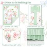 CARUILI 4-Piece Crib Bedding Set, Baby Girl Crib Bedding Set Butterflies Floral Nursery Bedding Set Includes Comforter, Fitted Crib Sheet, Crib Skirt, and Diaper Stacker, Green & Pink
