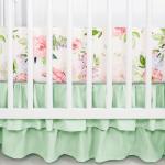 CARUILI 4-Piece Crib Bedding Set, Baby Girl Crib Bedding Set Butterflies Floral Nursery Bedding Set Includes Comforter, Fitted Crib Sheet, Crib Skirt, and Diaper Stacker, Green & Pink