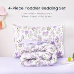 Wake In Cloud - Floral Toddler Bedding Set for Girls, Cute Colorful Botanical Flowers, 4 Pieces Soft Crib Bed Set Including Comforter, Sheets and Pillowcase, Purple White
