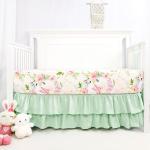 CARUILI 4-Piece Crib Bedding Set, Baby Girl Crib Bedding Set Butterflies Floral Nursery Bedding Set Includes Comforter, Fitted Crib Sheet, Crib Skirt, and Diaper Stacker, Green & Pink