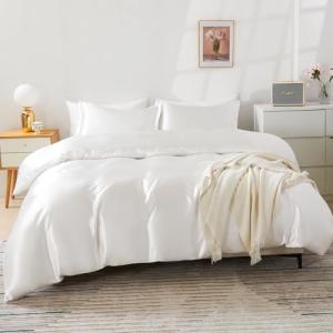HOdo Home Satin Duvet Cover Queen Size, 3PCS Silk Like Comforter Cover, Ultra Soft and Breathable Bedding Set with Zipper Closure & Corner Ties（White）