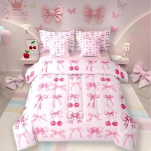 Pink Cherry Bow 7 Piece Comforter Set Full Bed in a Bag,Cute Silk Ribbon Bowknot Bedding Set,Princess Bow Tie Comforter and Sheet Set Dreamy Kawaii Bed Set,Girly Light Pink Room Decor Aesthetic
