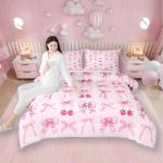 Pink Cherry Bow 7 Piece Comforter Set Full Bed in a Bag,Cute Silk Ribbon Bowknot Bedding Set,Princess Bow Tie Comforter and Sheet Set Dreamy Kawaii Bed Set,Girly Light Pink Room Decor Aesthetic