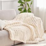 Negwoo Chunky Knit Throw Blanket, 50''*60'' Knitted Throw Chenille Yarn for Bed Couch, Handmade Cream Crochet Big Thick Blanket, Machine Washable Cute Comfy Blanket for Home Decor