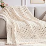 Negwoo Chunky Knit Throw Blanket, 50''*60'' Knitted Throw Chenille Yarn for Bed Couch, Handmade Cream Crochet Big Thick Blanket, Machine Washable Cute Comfy Blanket for Home Decor