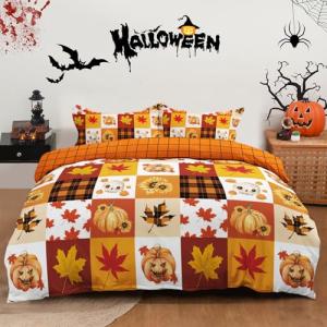 Fall Duvet Cover Set King,3 Pieces Halloween Orange Skull Pumpkin Comforter Cover Set with 2 Pillowcases Festival Themed Bedding Set King Thanksgiving Day 103x96In(Not Comforter)