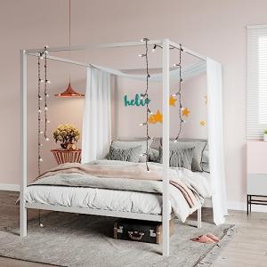 SHA CERLIN Canopy Bed Frame Full Size/Mattress Foundation with Metal Slats Support/No Box Spring Needed/Easy Assembly/White