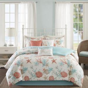 Madison Park 100% Cotton Comforter Set - Coastal Coral, Starfish Design All Season Down Alternative Cozy Bedding with Matching Shams, Decorative Pillow, Queen(90"x90"), Teal 7 Piece