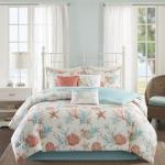 Madison Park 100% Cotton Comforter Set - Coastal Coral, Starfish Design All Season Down Alternative Cozy Bedding with Matching Shams, Decorative Pillow, Queen(90"x90"), Teal 7 Piece