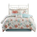 Madison Park 100% Cotton Comforter Set - Coastal Coral, Starfish Design All Season Down Alternative Cozy Bedding with Matching Shams, Decorative Pillow, Queen(90"x90"), Teal 7 Piece