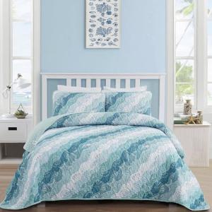 Dinjoy Summer Coastal Quilt Set Twin Size, Blue Green Ocean Beach Themed Bedding Set Seawave Seashell Conch Starfish Microfiber Lightweight Bedspread Coverlet Bed Set All Season (68x86 Inch)