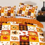 Fall Duvet Cover Set King,3 Pieces Halloween Orange Skull Pumpkin Comforter Cover Set with 2 Pillowcases Festival Themed Bedding Set King Thanksgiving Day 103x96In(Not Comforter)