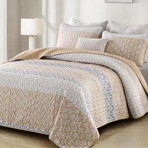 Boho Quilt Set King Size Beige Quilt Bedding Set Striped Lightweight Bedspread Coverlet Bedding Set 110"x90" (3 Pieces)