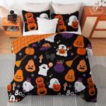 Halloween Duvet Cover Set Queen, 3 Pieces Ghost Pumpkin Halloween Themed Bedding Set with Pillowcases Witches Festival Decor Reversible Comforter Cover Zipper Closure (90''x90'')
