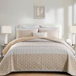 Boho Quilt Set King Size Beige Quilt Bedding Set Striped Lightweight Bedspread Coverlet Bedding Set 110"x90" (3 Pieces)