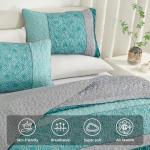 Cottolester Teal Quilt Set,Boho Bedspread Queen Size,Blue Sriped Plaid Bedding Set Soft Microfiber Quilt with 2 Pillow Shams 96"x90"