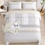 WONGS BEDDING Beige Quilt Queen Size, Bohemian Stripe Quilt Sets 3 Pieces Beige Boho Quilted Bedspread Set Lightweight Microfiber Coverlet Bedding Set All Season (96"x90")