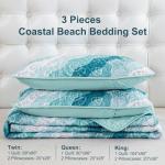 Dinjoy Summer Coastal Quilt Set Twin Size, Blue Green Ocean Beach Themed Bedding Set Seawave Seashell Conch Starfish Microfiber Lightweight Bedspread Coverlet Bed Set All Season (68x86 Inch)