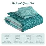 Cottolester Teal Quilt Set,Boho Bedspread Queen Size,Blue Sriped Plaid Bedding Set Soft Microfiber Quilt with 2 Pillow Shams 96"x90"