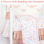 GFU Crib Bedding Set for Girls 4-Piece, Bow Baby Girl Crib Bedding Set Pink Flowes, Nursery Sets Includes Comforter, Fitted Crib Sheet, Crib Skirt, and Diaper Stacker