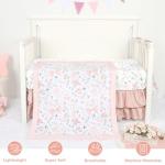 GFU Crib Bedding Set for Girls 4-Piece, Bow Baby Girl Crib Bedding Set Pink Flowes, Nursery Sets Includes Comforter, Fitted Crib Sheet, Crib Skirt, and Diaper Stacker