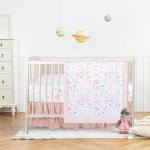 GFU Crib Bedding Set for Girls 4-Piece, Bow Baby Girl Crib Bedding Set Pink Flowes, Nursery Sets Includes Comforter, Fitted Crib Sheet, Crib Skirt, and Diaper Stacker