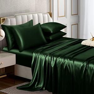 Horbaunal 6 Piece Satin Sheet Set King Size Luxury Silky & Soft Emerald Green Satin King Bed Sheet Set with 16" Deep Pocket, 1 Fitted Sheet, 1 Flat Sheet, 4 Pillowcases