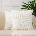 All Smiles Couch Decorative Throw Pillow Covers 18x18 Set of 2 Faux Fur Plush Soft Fluffy Velvet Cushion Case Cozy Fuzzy Striped Pillowcase Home Decor for Bed Sofa Living Room,Cream White