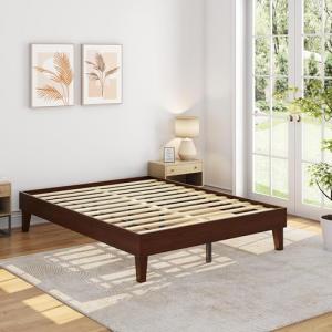 Yaheetech Queen Bed Frame Natural Solid Wood Platform Bed with Wooden Slats Support, 12-inch Underbed Space for Storage, Noise-Free Design, Easy Assembly, Dark Walnut Finish