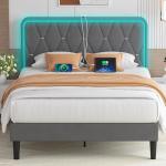 VECELO Upholstered Queen Bed Frame with Headboard Adjustable, Velvet Platform Bed with LED Lights, Charging Station, Mattress Foundation with Wooden Slats, Noise Free, No Box Spring Needed, Grey