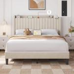 Yaheetech Queen Bed Frame with USB Charging Station and Storage Shelf/Upholstered Headboard Platform Bed with Wing Side/Wooden Slats Support/Noise Free/No Box Spring Needed/Easy Assembly, Beige