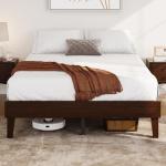 Yaheetech Queen Bed Frame Natural Solid Wood Platform Bed with Wooden Slats Support, 12-inch Underbed Space for Storage, Noise-Free Design, Easy Assembly, Dark Walnut Finish