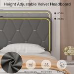 VECELO Upholstered Queen Bed Frame with Headboard Adjustable, Velvet Platform Bed with LED Lights, Charging Station, Mattress Foundation with Wooden Slats, Noise Free, No Box Spring Needed, Grey