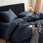 Wake In Cloud - Striped Cotton Duvet Cover Set, Ticking Stripe Vertical Pinstripe Farmhouse, 100% Washed Cotton Textured Percale Bedding Set, 3 Pieces, Navy Blue, Queen Size