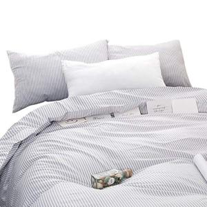 Wake In Cloud - Striped Cotton Duvet Cover Set, Ticking Stripe Pinstripe Farmhouse, 100% Cotton Bedding Set, 3 Pieces, Gray White, Full Size