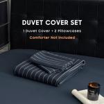 Wake In Cloud - Striped Cotton Duvet Cover Set, Ticking Stripe Vertical Pinstripe Farmhouse, 100% Washed Cotton Textured Percale Bedding Set, 3 Pieces, Navy Blue, Queen Size