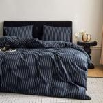 Wake In Cloud - Striped Cotton Duvet Cover Set, Ticking Stripe Vertical Pinstripe Farmhouse, 100% Washed Cotton Textured Percale Bedding Set, 3 Pieces, Navy Blue, Queen Size