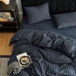 Wake In Cloud - Striped Cotton Duvet Cover Set, Ticking Stripe Vertical Pinstripe Farmhouse, 100% Washed Cotton Textured Percale Bedding Set, 3 Pieces, Navy Blue, Queen Size