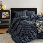 Wake In Cloud - Striped Cotton Duvet Cover Set, Ticking Stripe Vertical Pinstripe Farmhouse, 100% Washed Cotton Textured Percale Bedding Set, 3 Pieces, Navy Blue, Queen Size