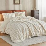 JELLYMONI Plush Duvet Cover Set - King Size Beige Faux Fur Comforter Cover 3pcs Bedding Set Luxury Ultra Soft Striped Fluffy Duvet Cover with Zipper and 2 Pillowcases (NO Comforter)